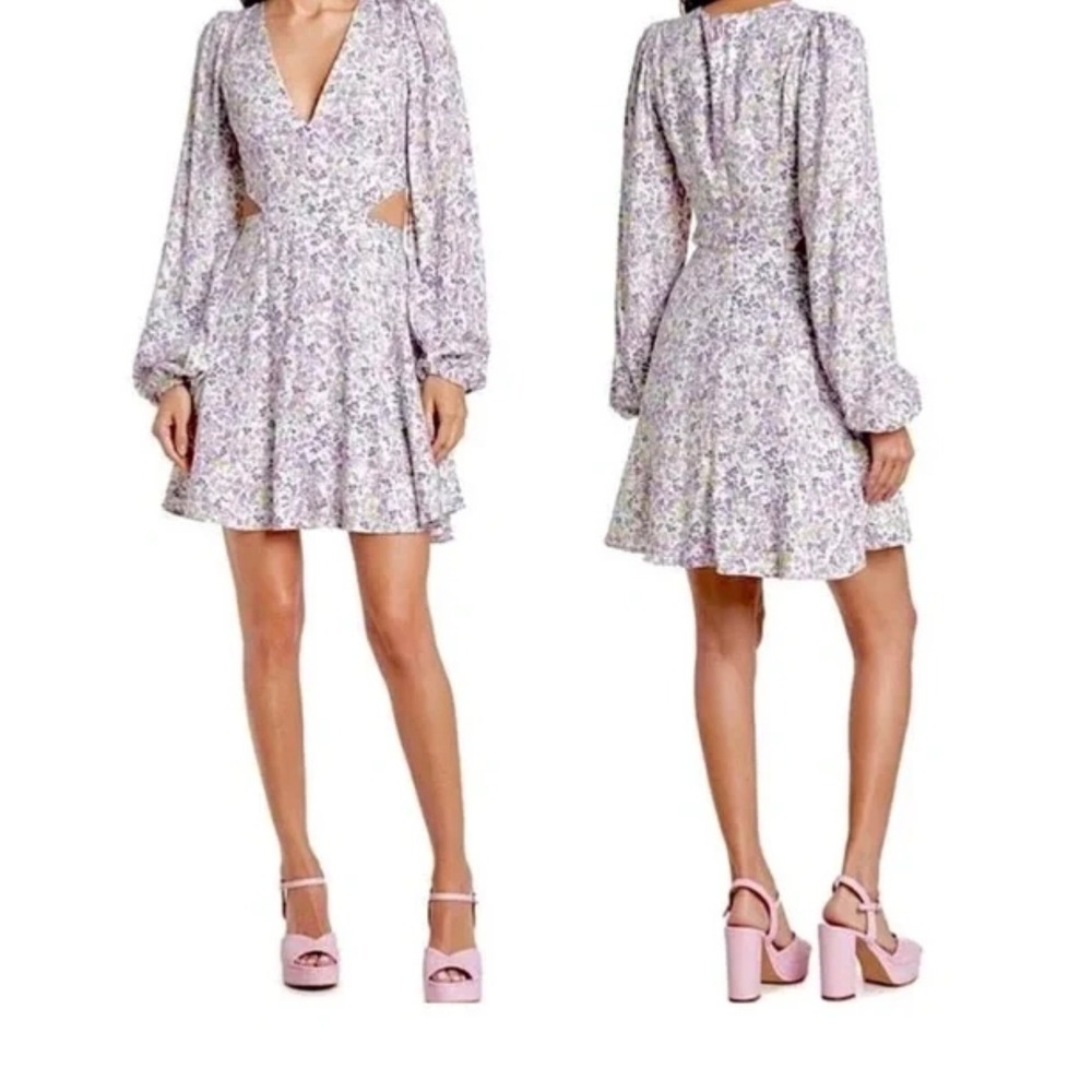 AFRM Purple Floral Mini Dress Long Sleeve Side Cut Out V-Neck Size XS